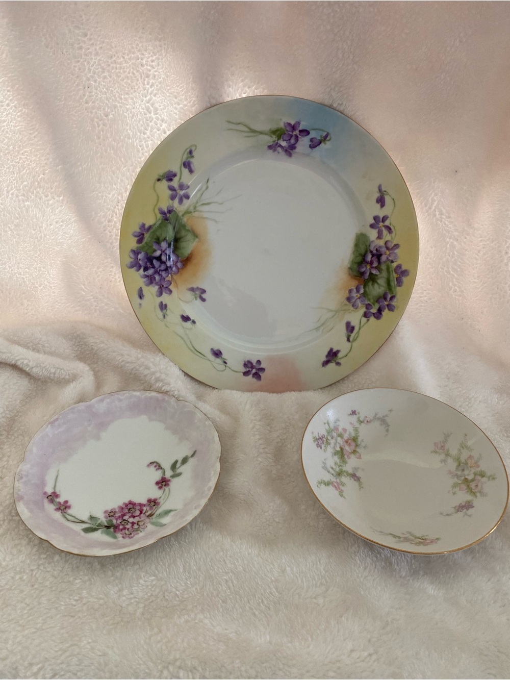 Antique Hand-Painted Purple Floral Porcelain Plate and 2 accent pieces